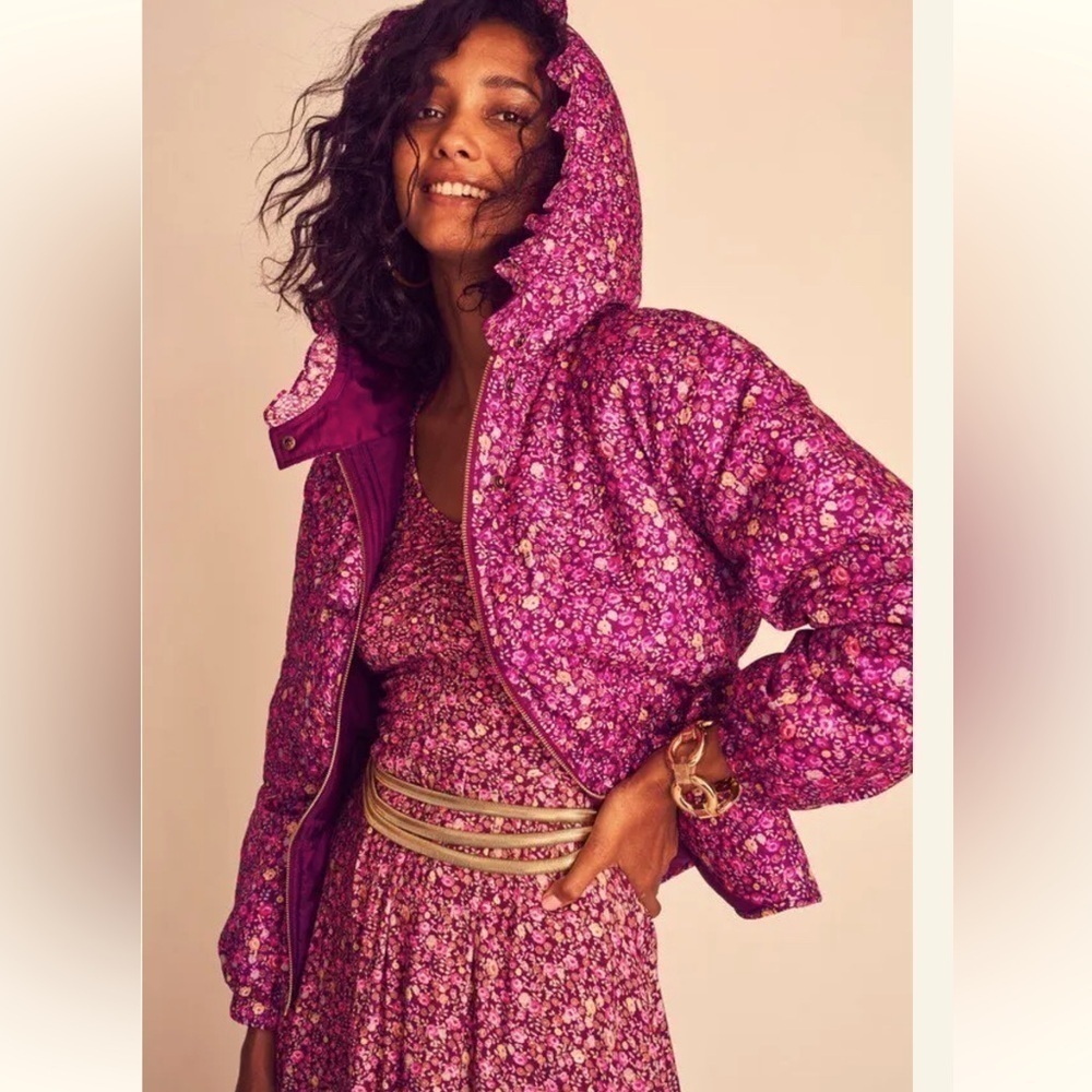 Loveshackfancy Modena Pink Floral Ruffle Puffer Hooded Jacket Size Xs